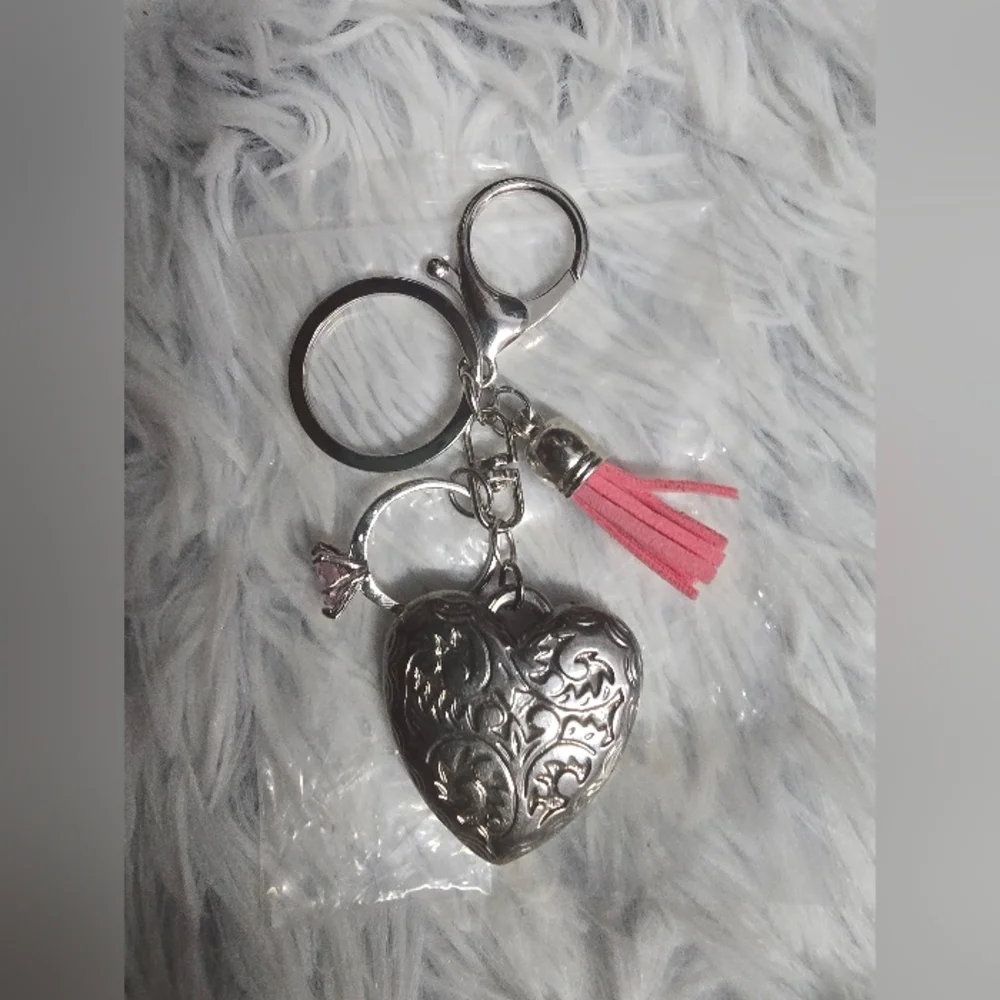 Silver Heart Keychain bag charm with Pink Tassel